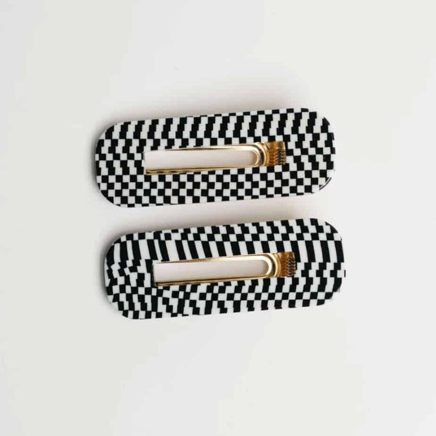 Accessories Nat + Noor | Black And White Checkered Hair Clip Duo