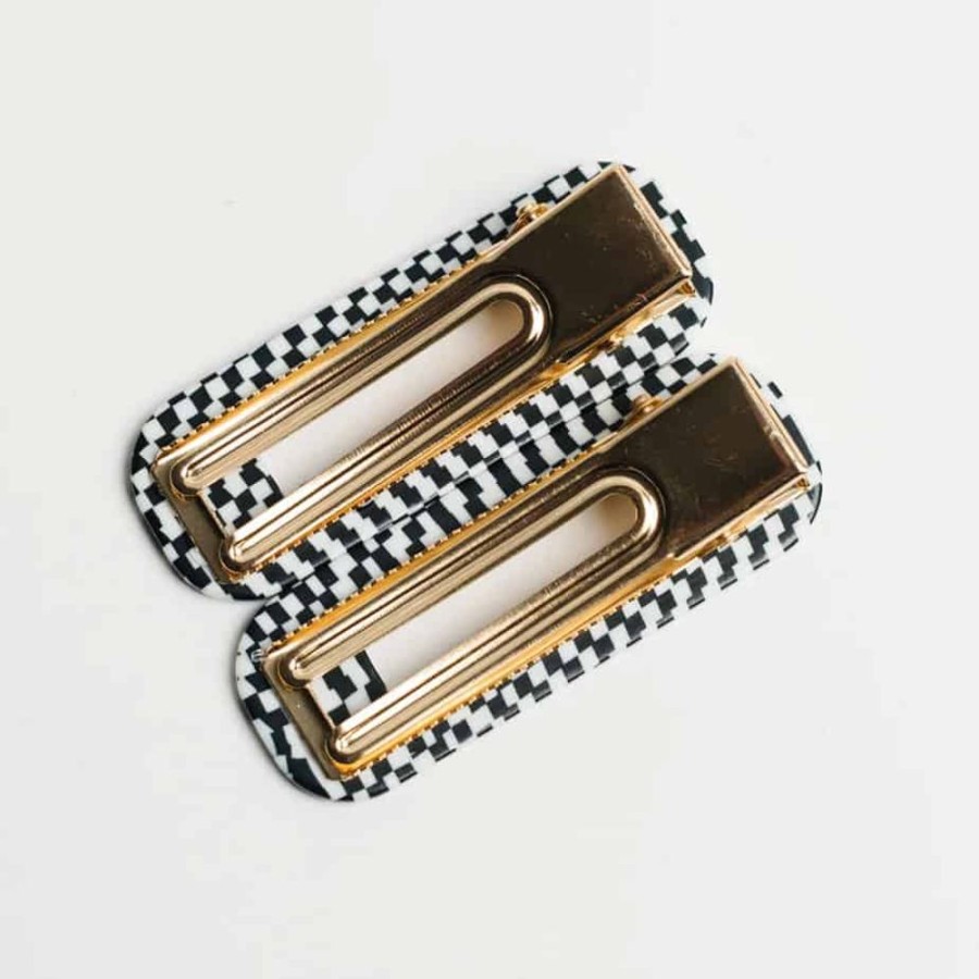 Accessories Nat + Noor | Black And White Checkered Hair Clip Duo