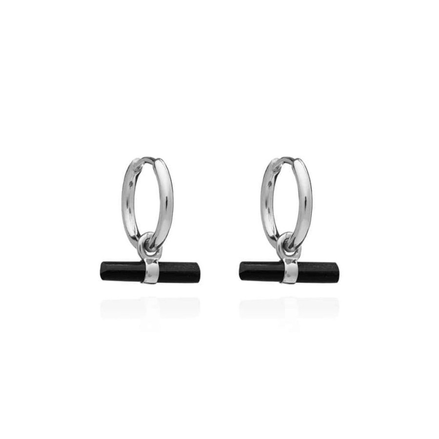 Earrings Rachel Jackson | Silver Mini Onyx T-Bar Huggie Hoop Earrings