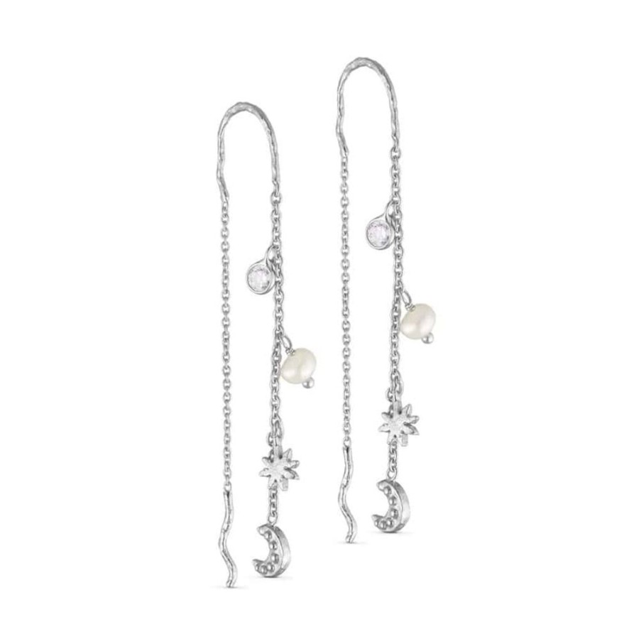 Earrings Pure By Nat | Sun And Moon Chain Earrings - Silver Plated