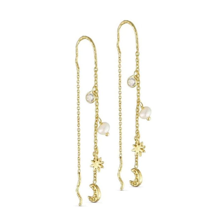 Earrings Pure By Nat | Sun And Moon Chain Earrings - Gold Plated