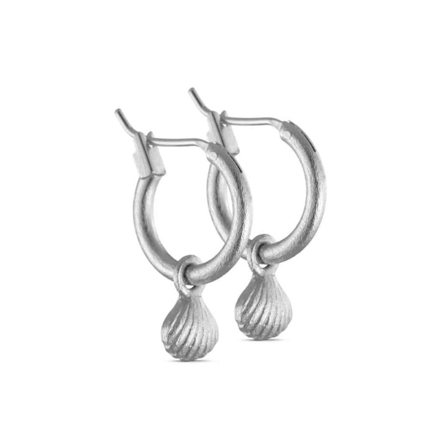 Earrings Pure By Nat | Sea Shell Charm Hoops - Silver Plated